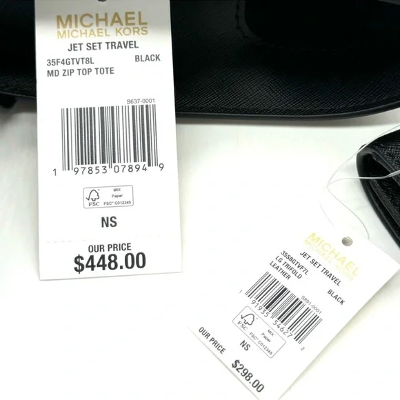 Michael Kors Medium Jet Set Travel Zip Tote Bag & Trifold Wallet Black/Gold